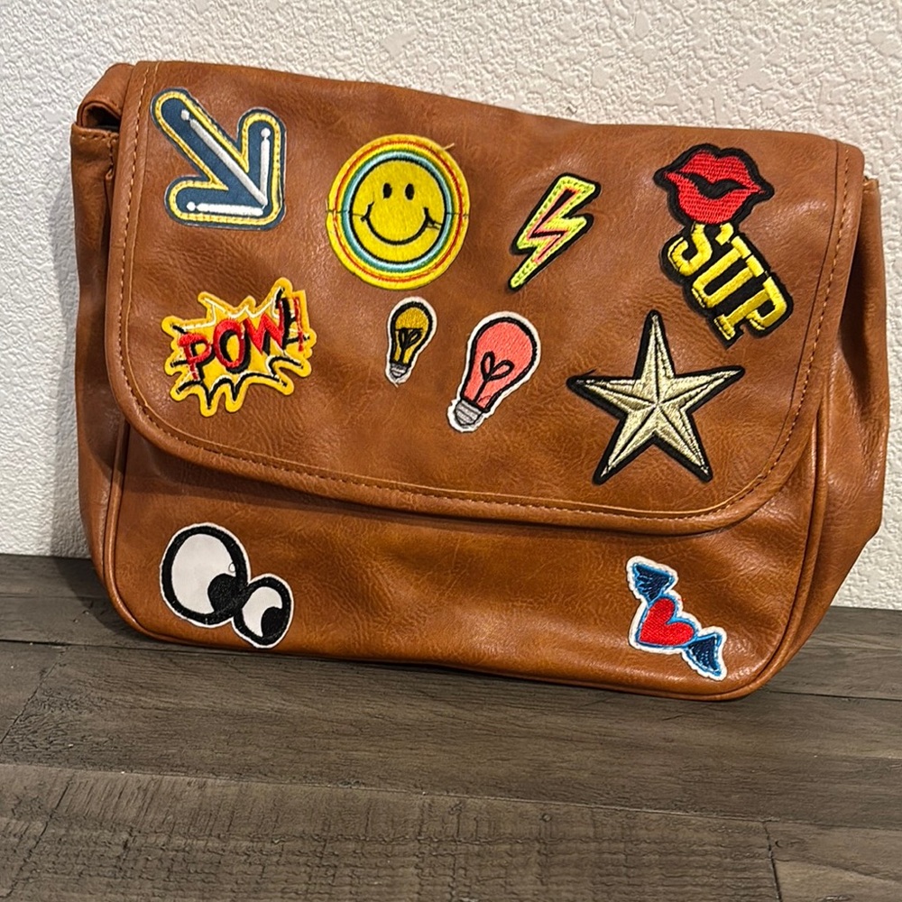 Brown Crossbody Bag with Colorful Patches